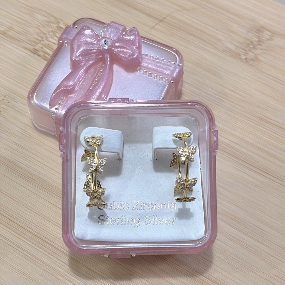 Brand New Gold Plated Sterling Silver Butterfly Hoop Earrings Cubic Zirconia